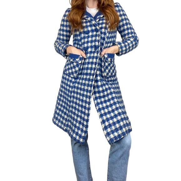 Vintage 70s Size Medium Blue & White Houndstooth Wool Blend Peacoat Jacket - Picture 4 of 9